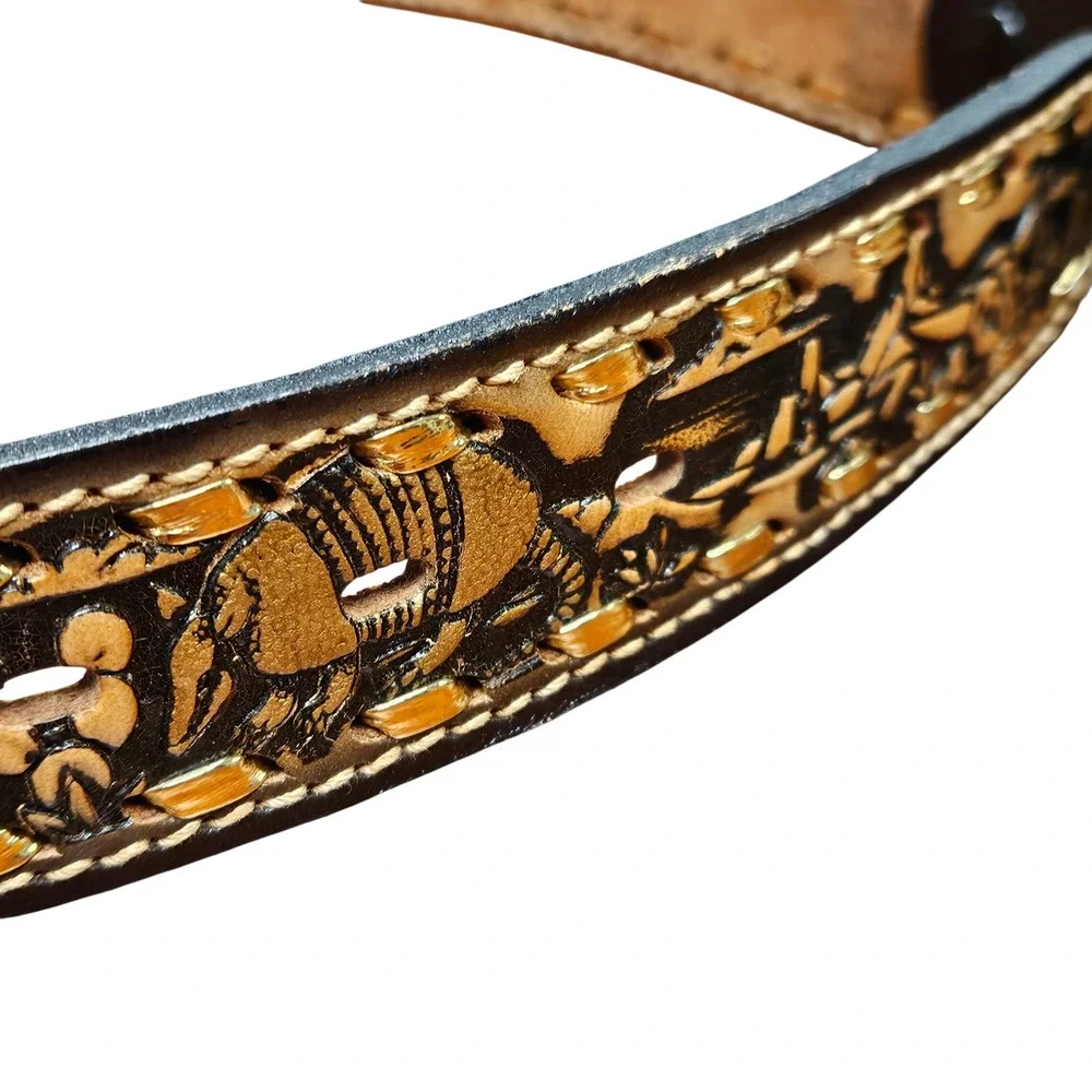 Ranch Pal Mens Brown Tooled Leather Western Belt Armadillo Steer Skull Size 34